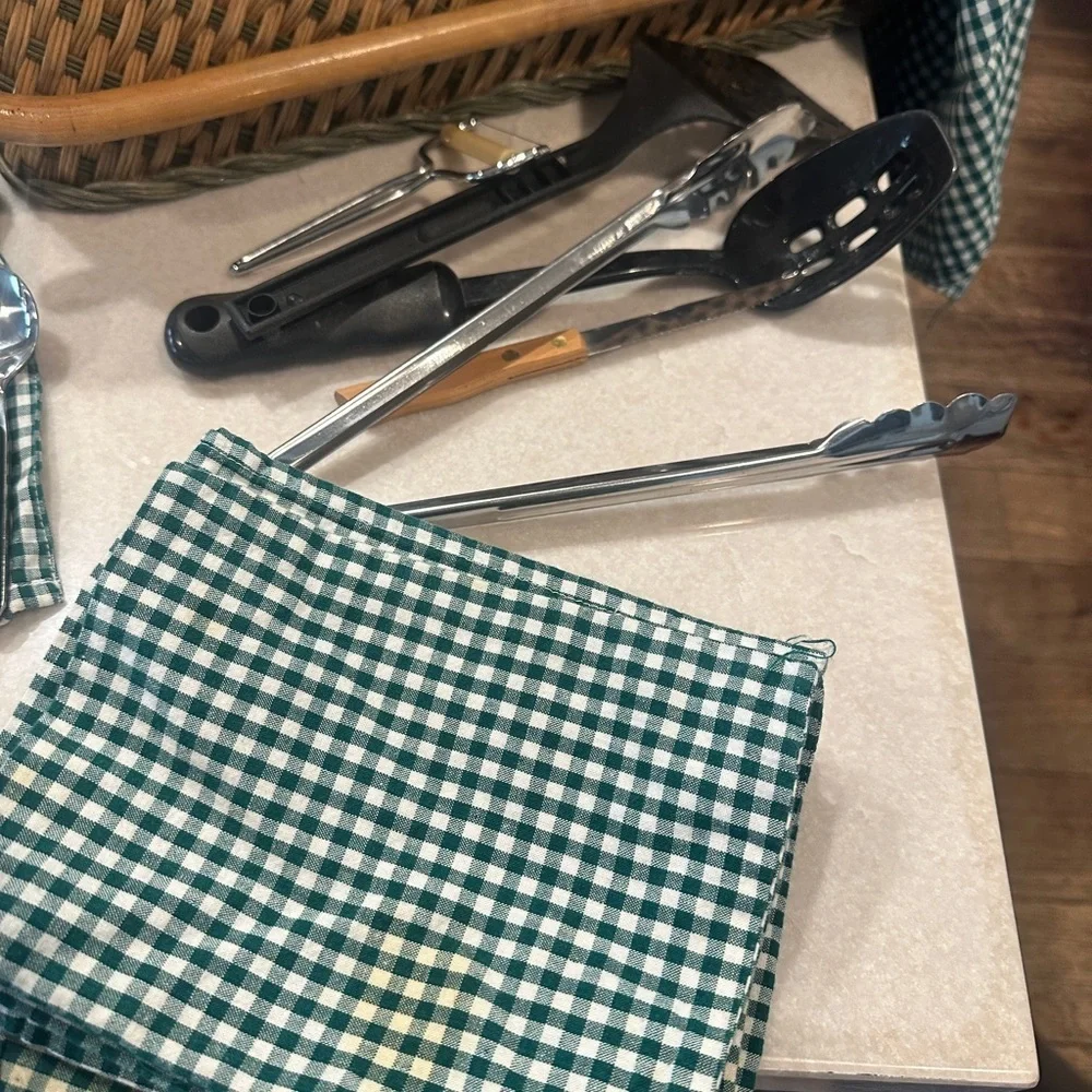 Vintage Wicker Picnic Basket with Green Checkered Accessories. Cottagecore